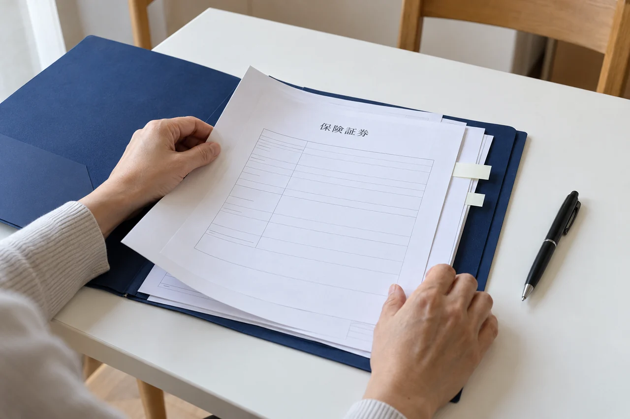 開いた保険書類のファイルを、手元で確認する場面の生成イメージ