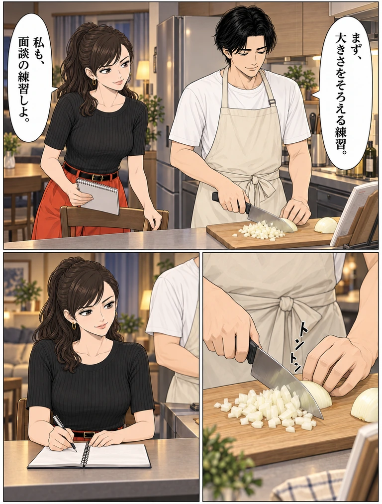 台所の上の横長コマ。右の伊吹は白Tシャツと生成りエプロンで「まず、大きさをそろえる練習。」。左の玲は椅子とノートを寄せ「私も、面談の練習しよ。」。下右で伊吹が玉ねぎをトントンと刻む。下左で玲がすぐ隣のカウンターに座り、ノートを開く。