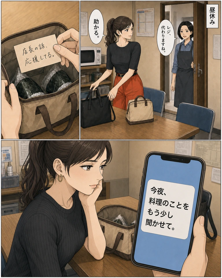 昼休み、店の休憩室の3コマ。右上：黒いボブの女性同僚が入口から「レジ、代わりますね。」。玲は鞄を置いて「助かる。」。左上：開いた保冷袋には包んだおにぎり。玲が持つ小さなメモに自然な手書きで「店長の話、応援してる。」。下段：頬に手を添えた玲がスマートフォンを見る。手前に持った画面には「今夜、料理のことをもう少し聞かせて。」というメッセージ。机に保冷袋、椅子に黒い通勤鞄。