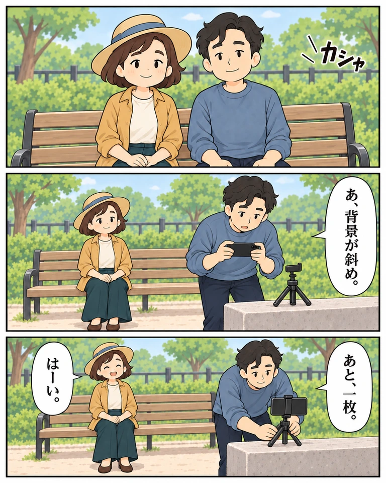 上・中・下の3コマ。ベンチで左に澄、右に圭が並び、シャッターが切れる。スマホを手に確認した圭「あ、背景が斜め。」。三脚へ戻して調整する圭「あと、一枚。」。澄「はーい。」。