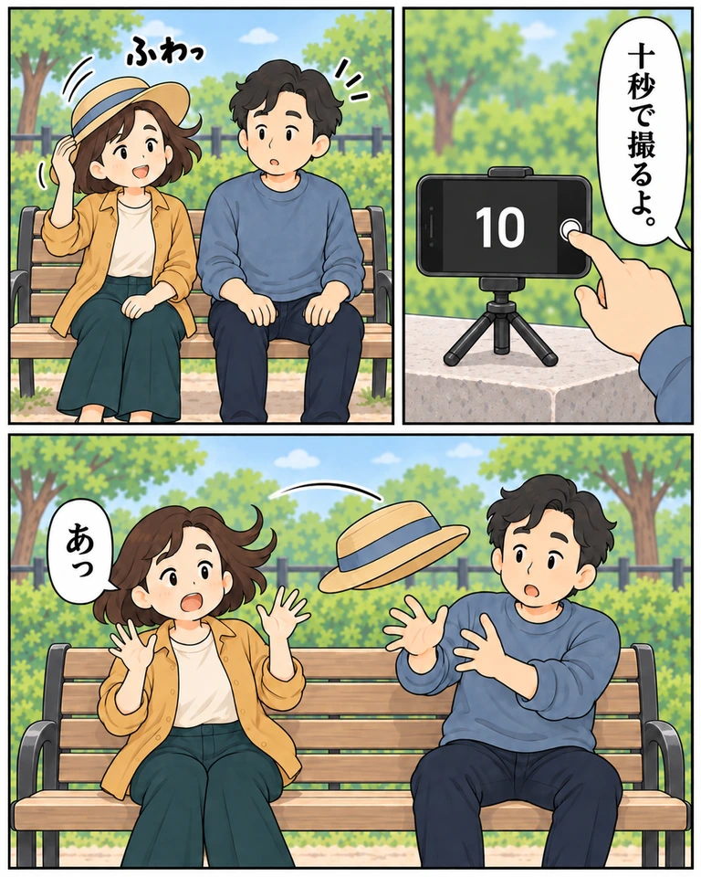 上右のスマホ画面にタイマー10、圭「十秒で撮るよ。」。上左、ベンチへ戻った圭の隣で澄の帽子がふわっと持ち上がる。下、帽子が澄から圭の方へ飛び、二人が手を伸ばす。「あっ」。