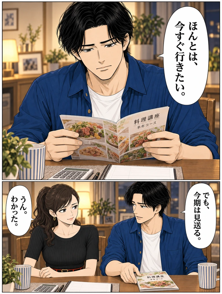 上の大きなコマで、料理講座の写真を見る伊吹「ほんとは、今すぐ行きたい。」。下の横長コマで案内を閉じて置き「でも、今期は見送る。」。玲「うん。わかった。」。