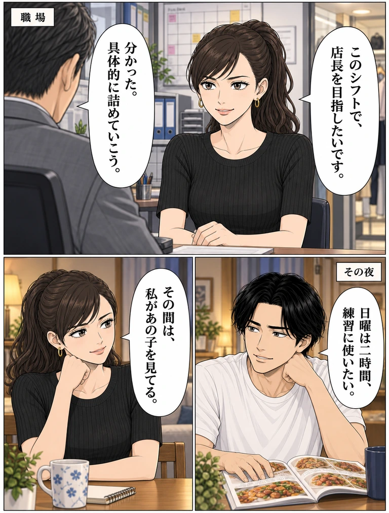 上の職場の場面。右の玲「このシフトで、店長を目指したいです。」。左の上司「分かった。具体的に詰めていこう。」。その夜、下右の伊吹「日曜は二時間、練習に使いたい。」。下左の玲「その間は、私があの子を見てる。」。