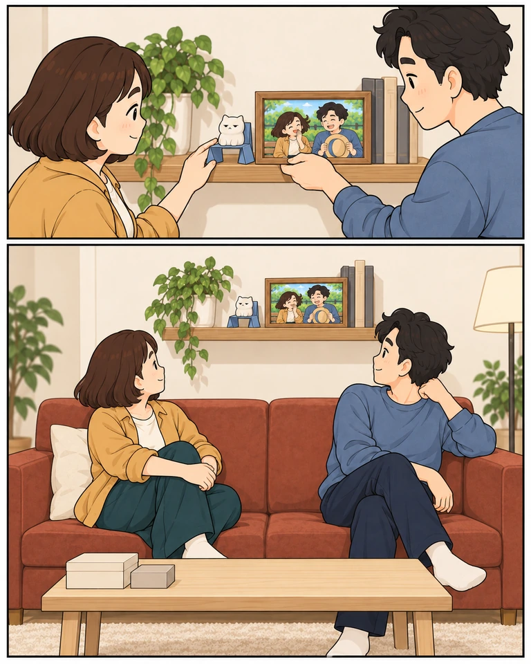 上下2コマで台詞はない。上、澄が猫の消しゴムを載せた青い紙の椅子を、圭が二人の写真を棚に並べる。下、二人が赤茶色のソファに座り、猫と写真が置かれた棚を笑顔で見上げる。手前のテーブルには閉じた小箱二つ。