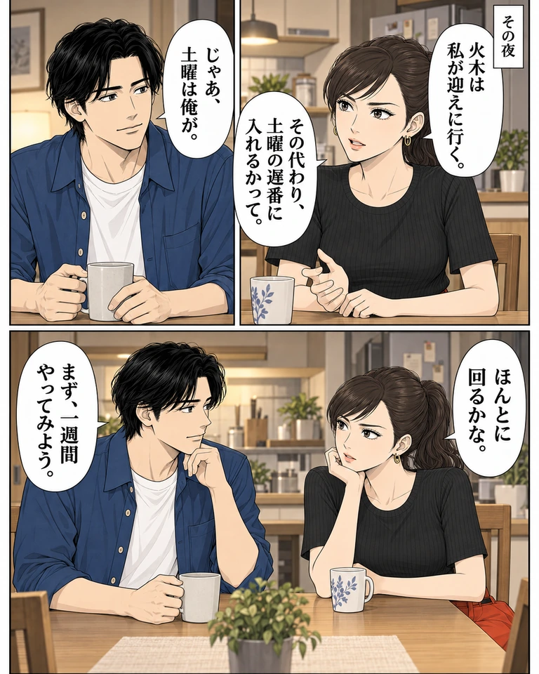 その夜。上右、上左、下の順。食卓で玲「火木は私が迎えに行く。」「その代わり、土曜の遅番に入れるかって。」。伊吹「じゃあ、土曜は俺が。」。二人が向き合い、玲「ほんとに回るかな。」、伊吹「まず、一週間やってみよう。」。