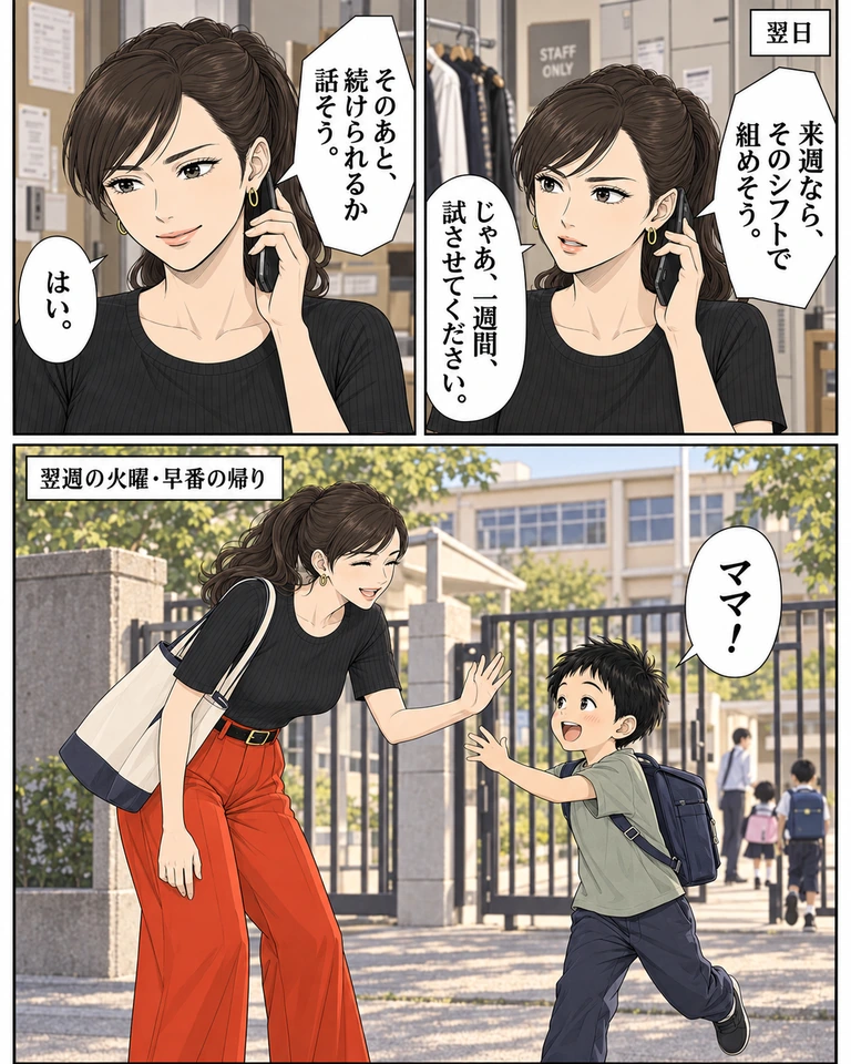 上右、上左、下の順。翌日、玲が電話で店長と話す。店長「来週なら、そのシフトで組めそう。」。玲「じゃあ、一週間、試させてください。」。店長「そのあと、続けられるか話そう。」、玲「はい。」。翌週の火曜・早番の帰り、学校の門で玲が息子を迎える。息子が「ママ！」と駆け寄り、玲も笑って手を上げる。