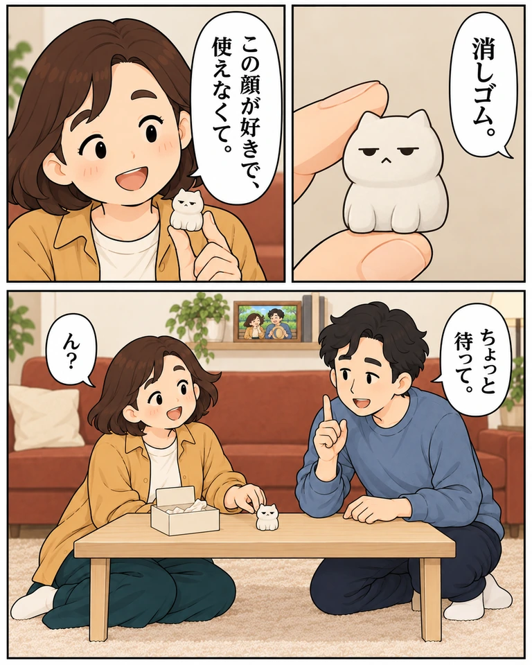 上右、上左、下の順。澄が持つ、むっとした顔の白い猫のアップに「消しゴム。」。澄「この顔が好きで、使えなくて。」。下では猫をテーブルへ置いた澄に、圭が人差し指を立て「ちょっと待って。」。澄「ん？」。