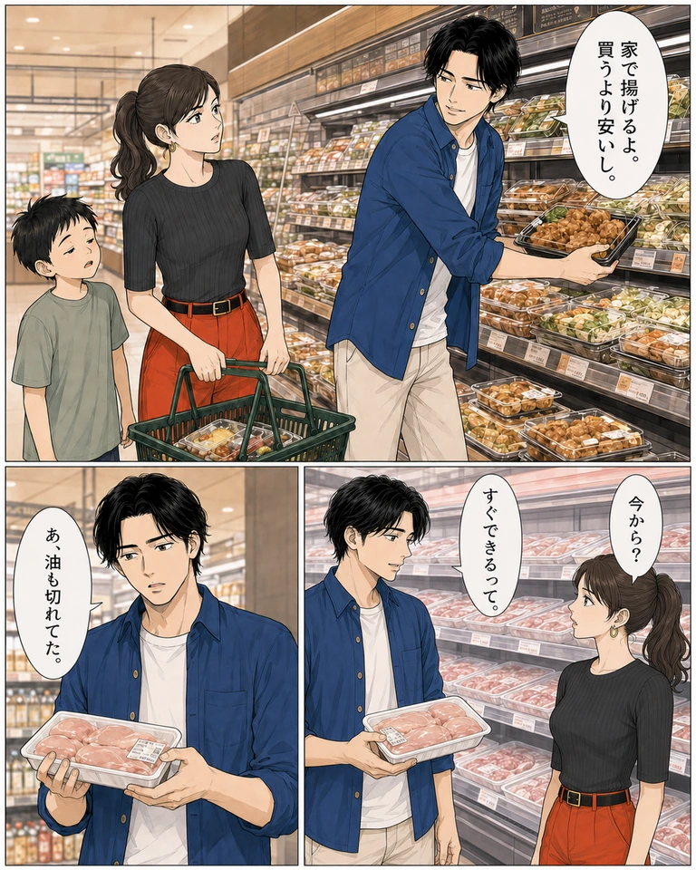 上、下右、下左の順。伊吹が唐揚げを惣菜棚に戻し「家で揚げるよ。買うより安いし。」。精肉売場で白いトレーの生の鶏肉を手に取る。右の玲「今から？」。左の伊吹「すぐできるって。」。次のコマで伊吹が思い出し「あ、油も切れてた。」。