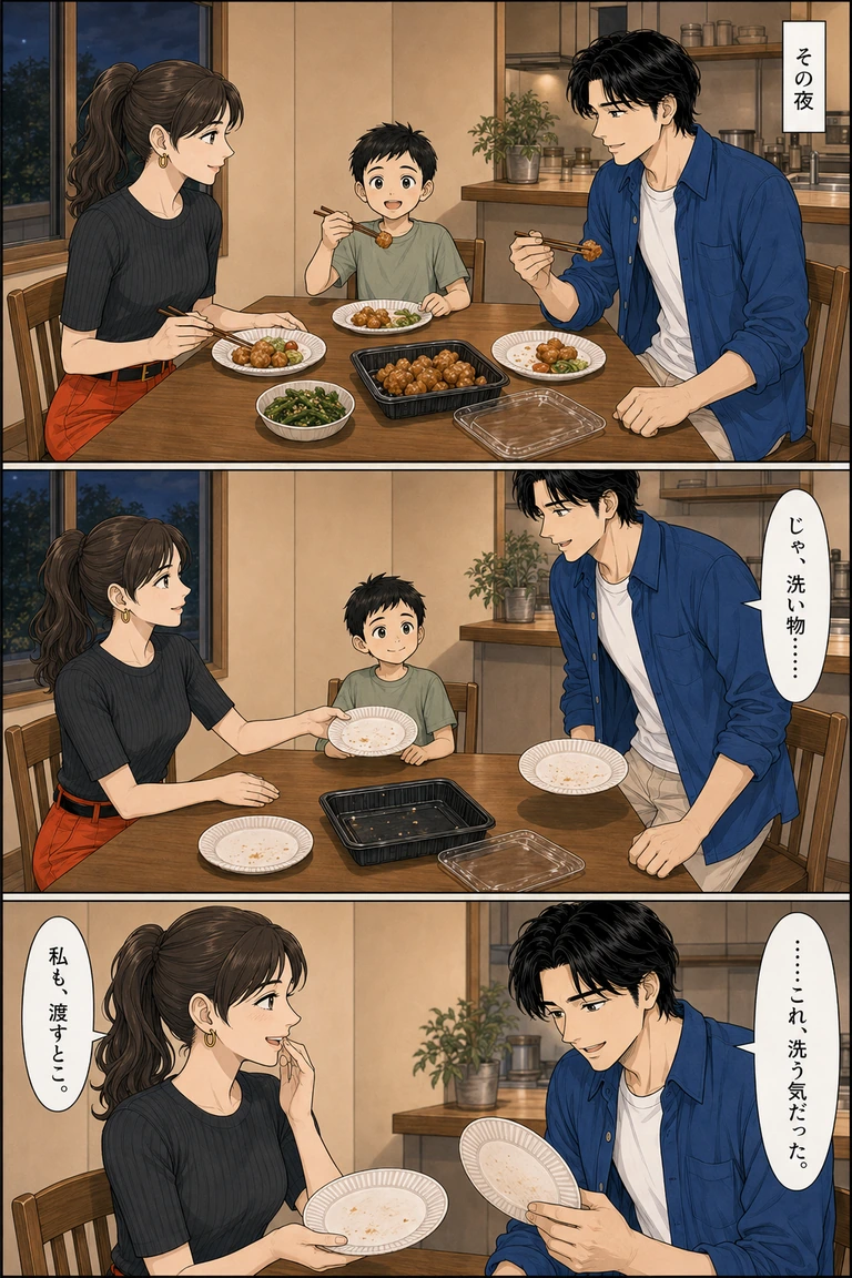 縦3コマ。「その夜」。自宅で三人が紙皿に取った唐揚げを食べる。食後、伊吹が皿を持って立ちかけ「じゃ、洗い物……」。最後のコマで自分の紙皿を見て笑い「……これ、洗う気だった。」。玲も自分の紙皿を持って笑い「私も、渡すとこ。」。