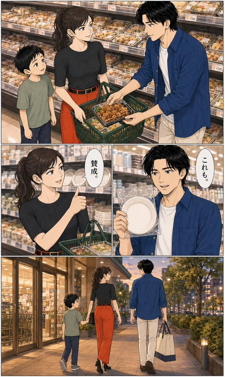 上、中右、中左、下の順。伊吹が惣菜の唐揚げを玲のかごへ入れる。日用品売場で白い紙皿の束が入った透明の袋を持ち「これも。」。玲は親指を立て「賛成。」。夕方、会計を終えた三人が店を出る。伊吹は買い物袋、玲は息子の手を持つ。