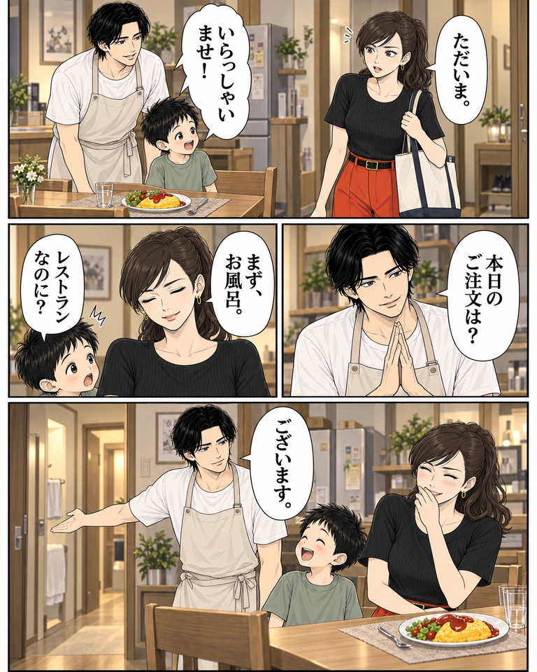 上、中右、中左、下の順。帰宅した玲「ただいま。」。伊吹と息子が食卓で迎え「いらっしゃいませ！」。伊吹が手を合わせて「本日のご注文は？」。玲「まず、お風呂。」、息子「レストランなのに？」。伊吹が普通の家の風呂の方向へ手を差し出し、真顔で「ございます。」。用意された一人分の食事の前で、玲と息子が笑う。