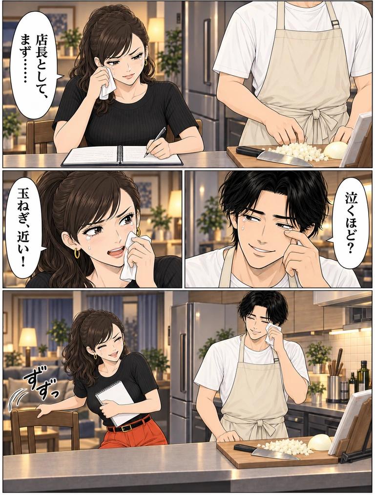 上、中右、中左、下の順。玉ねぎを刻んでいた伊吹の隣で、涙目の玲「店長として、まず……」。伊吹も目をぬぐい、笑って「泣くほど?」。玲「玉ねぎ、近い!」。二人が笑い、玲はノートを抱えて木の椅子をずずっと遠ざける。包丁はまな板に置いてある。