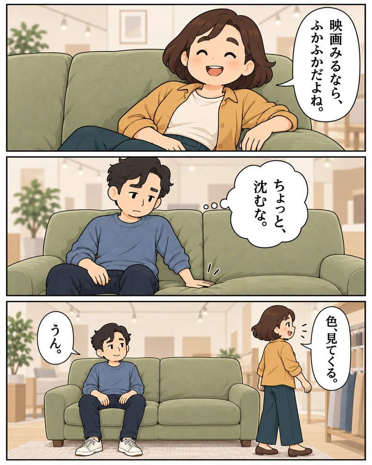 上・中・下の3コマ。澄は「映画みるなら、ふかふかだよね。」とくつろぐ。圭は沈む座面を手で押し、心の中で「ちょっと、沈むな。」。澄が「色、見てくる。」と立ち、圭が「うん。」と答える。