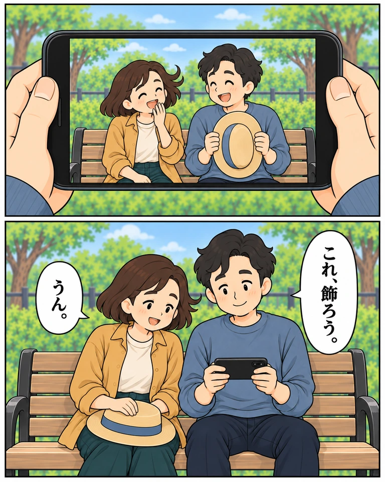 上はスマホの中の写真。左の澄が口元に手を添え、右の圭が帽子を両手で持ち、二人とも笑っている。下、圭が写真を見て「これ、飾ろう。」。膝に帽子を戻した澄「うん。」。