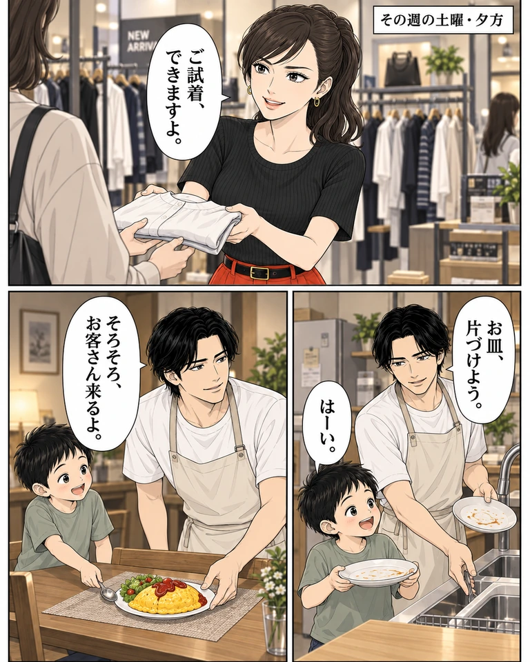 その週の土曜・夕方。上、下右、下左の順。売場で玲が客に服を渡し「ご試着、できますよ。」。家では白いTシャツと生成りのエプロンの伊吹が息子と、食べ終わった2枚の皿を片づける。伊吹「お皿、片づけよう。」、息子「はーい。」。伊吹が一人分のオムライスとサラダを置き、息子がスプーンを添える。伊吹「そろそろ、お客さん来るよ。」。