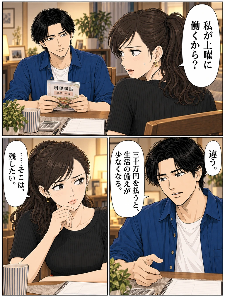 上、下右、下左の順。玲「私が土曜に働くから?」。伊吹「違う。」「三十万円を払うと、生活の備えが少なくなる。」。玲は考え「……そこは、残したい。」と答える。