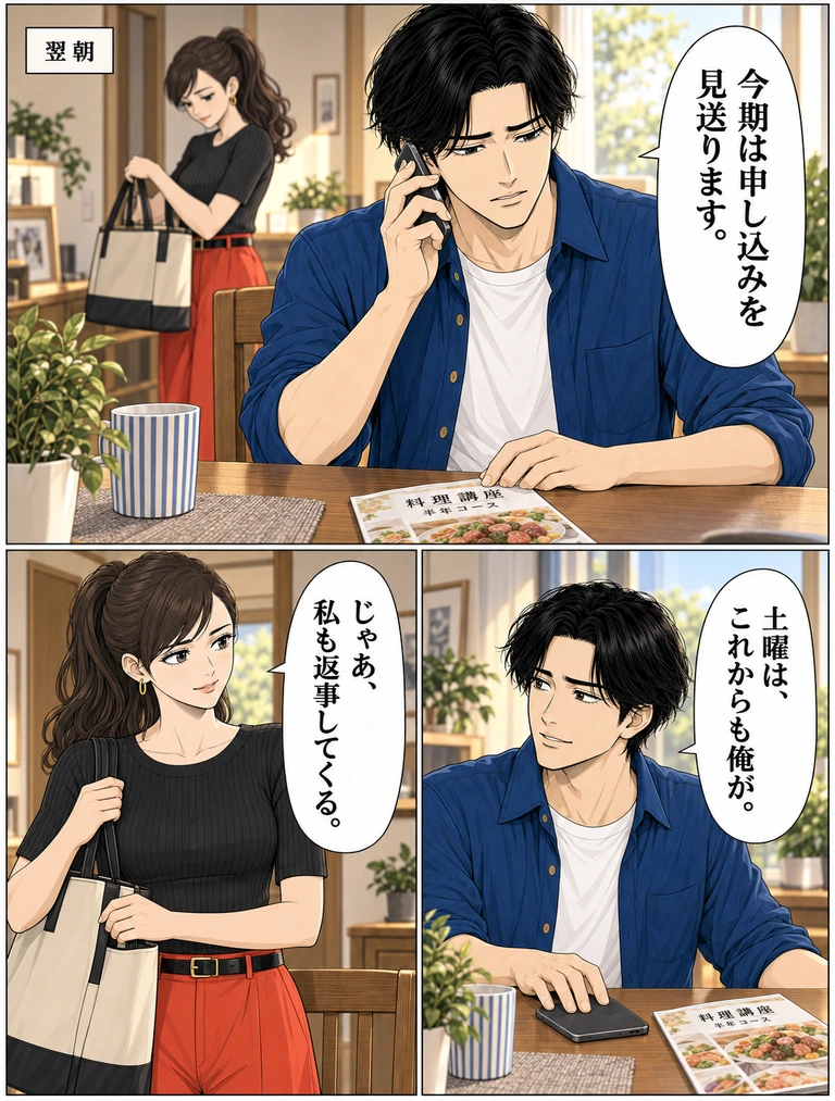 翌朝。上コマで伊吹が電話し「今期は申し込みを見送ります。」。下右、スマホを机に置き「土曜は、これからも俺が。」。下左、仕事鞄を持った玲「じゃあ、私も返事してくる。」。