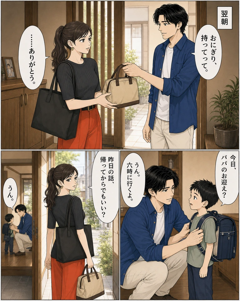 翌朝、玄関の3コマ。上：伊吹がベージュで茶色の持ち手の保冷袋を玲に差し出し「おにぎり、持ってって。」。黒い通勤鞄を肩にかけた玲「……ありがとう。」。右下：しゃがんだ伊吹が6歳の息子の紺ランドセルの肩紐を直す。息子「今日、パパのお迎え？」、伊吹「うん。六時に行くよ。」。左下：通勤鞄と保冷袋を持って玄関を出る玲が振り返り「昨日の話、帰ってからでもいい？」。奥の伊吹「うん。」。息子は淡い緑Tシャツと紺の長ズボン。